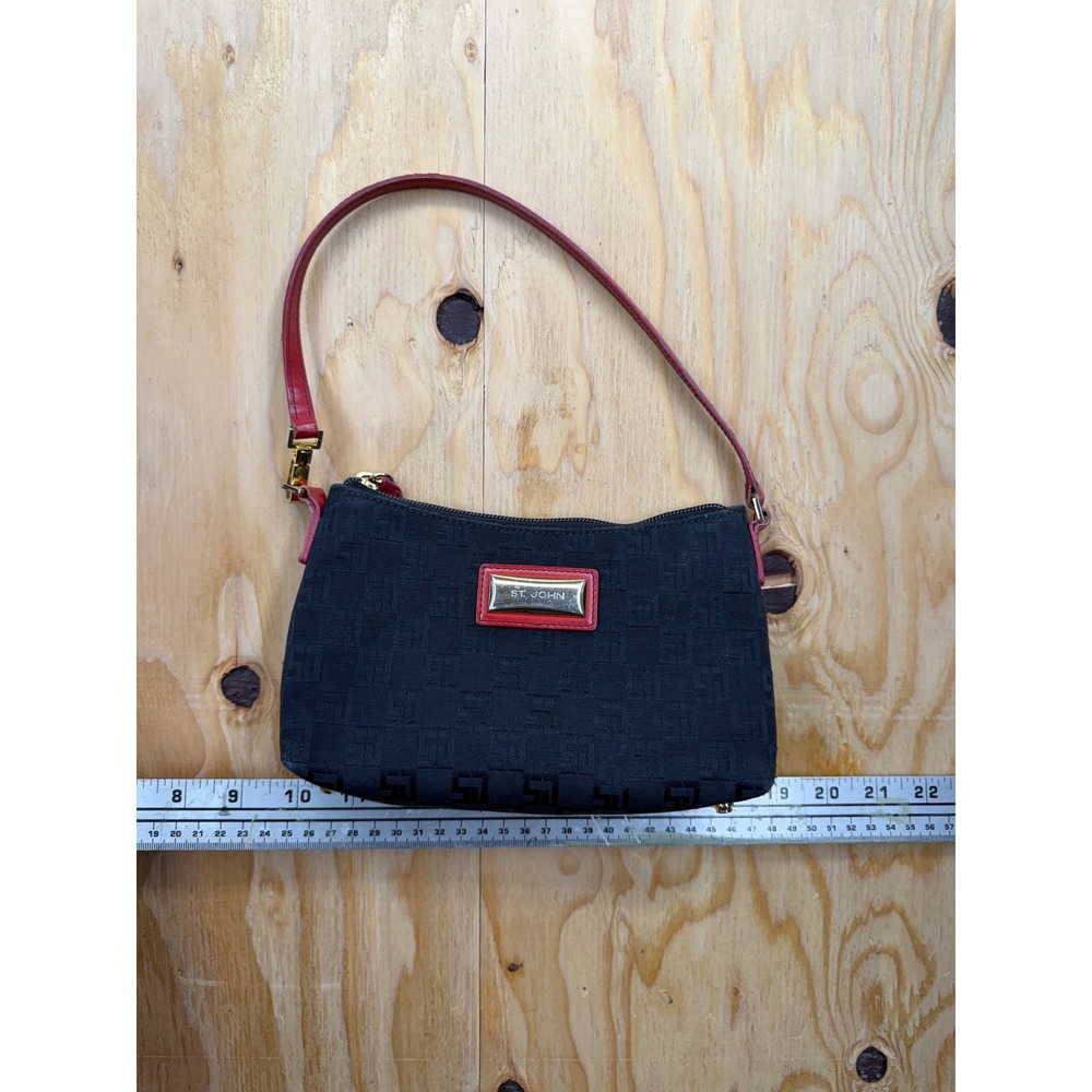 St. John Monogram Jacquard Shoulder Bag Black Red Leather Trim Made in Italy